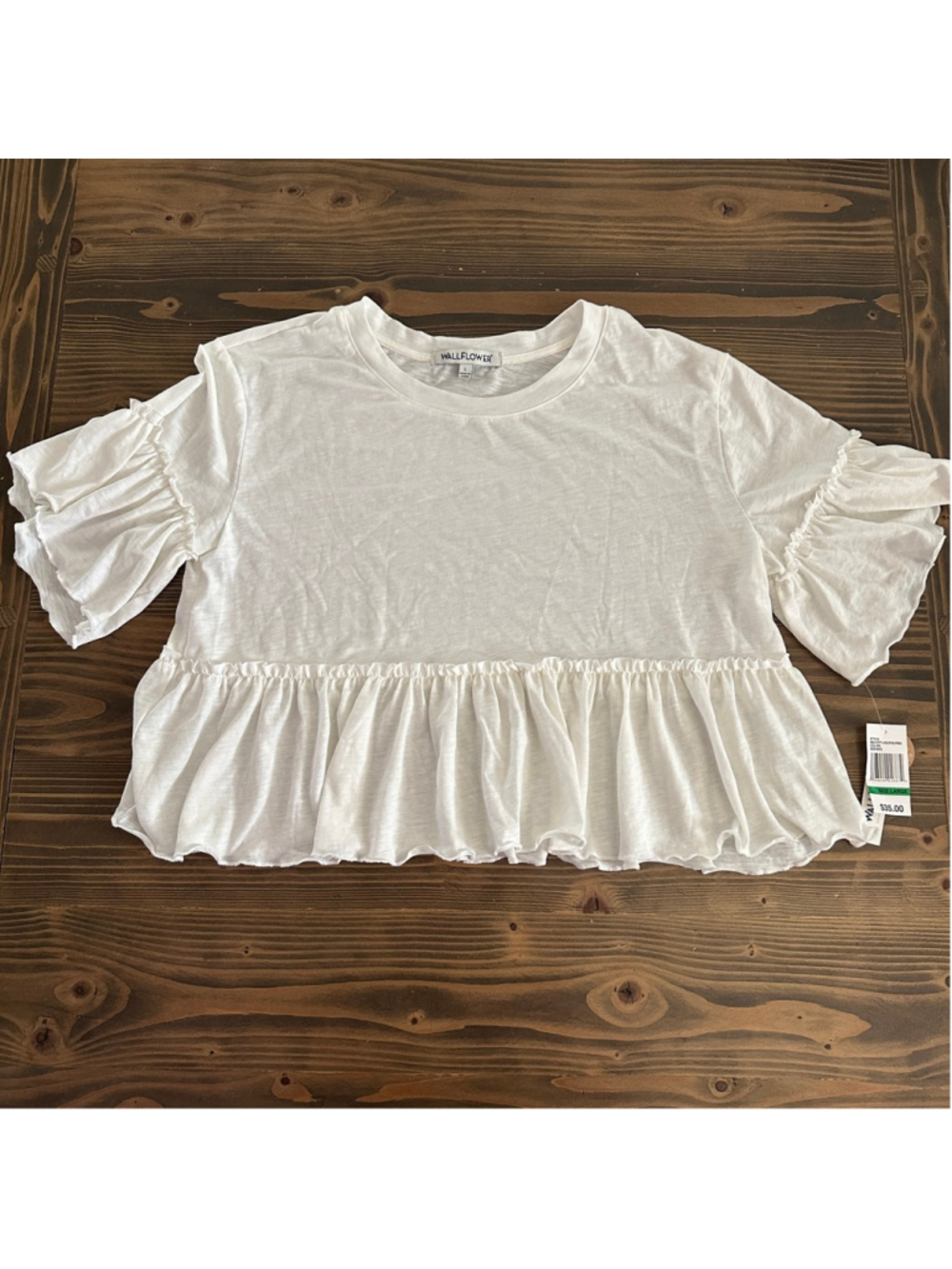 Women's Wallflower White Ruffle Hem Tee L NWT Soft Feminine Casual